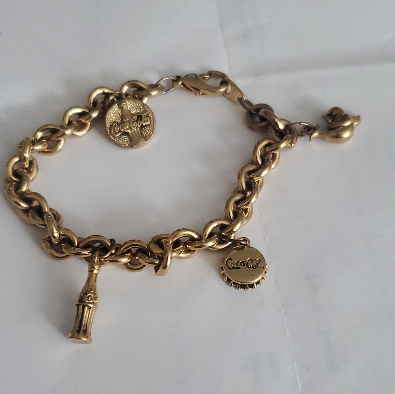 Coca-Cola Gold-Tone Curb Chain Charm Bracelet w/ Dangle Charms Lobster, Signed