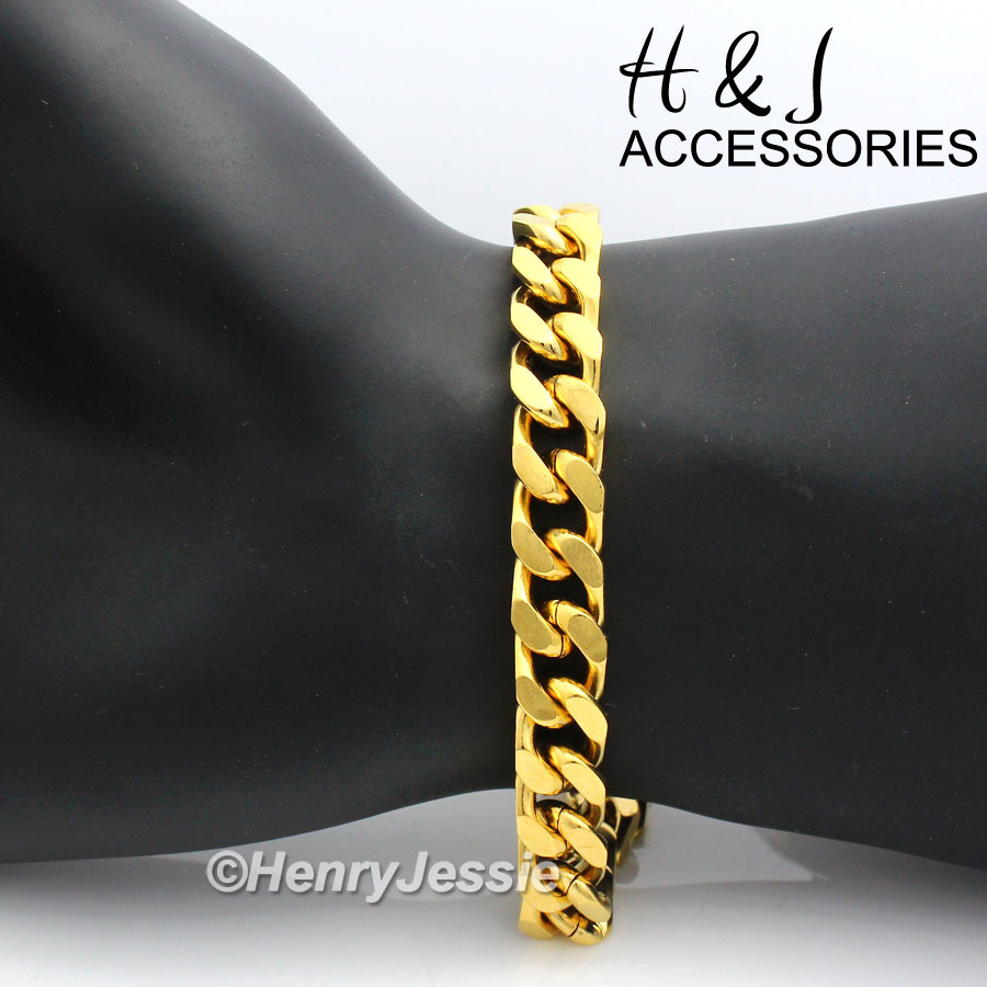 7.5-11″MEN Stainless Steel 9mm Gold Plated Cuban Curb Link Chain Bracelet*B140