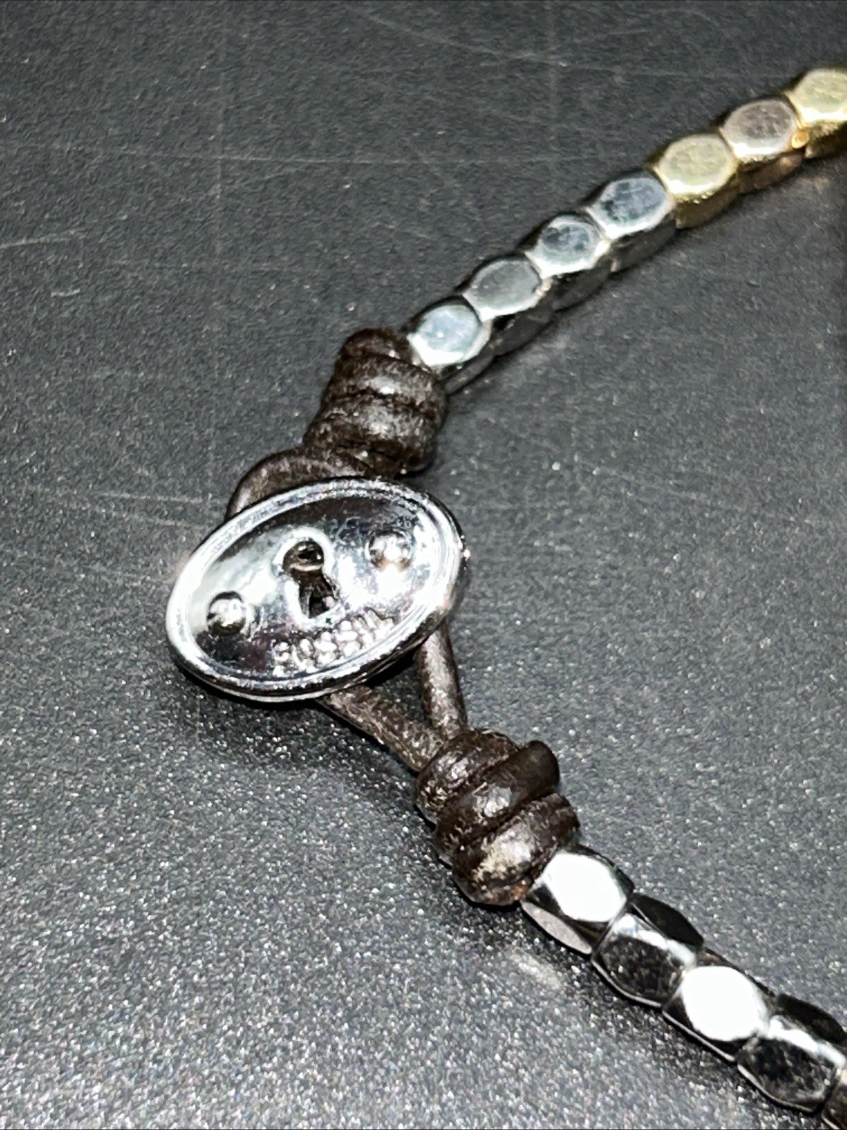 2 Fossil Beaded Bracelets Brown Cord Tri Tone Metal Beads Button Closure Sz 7