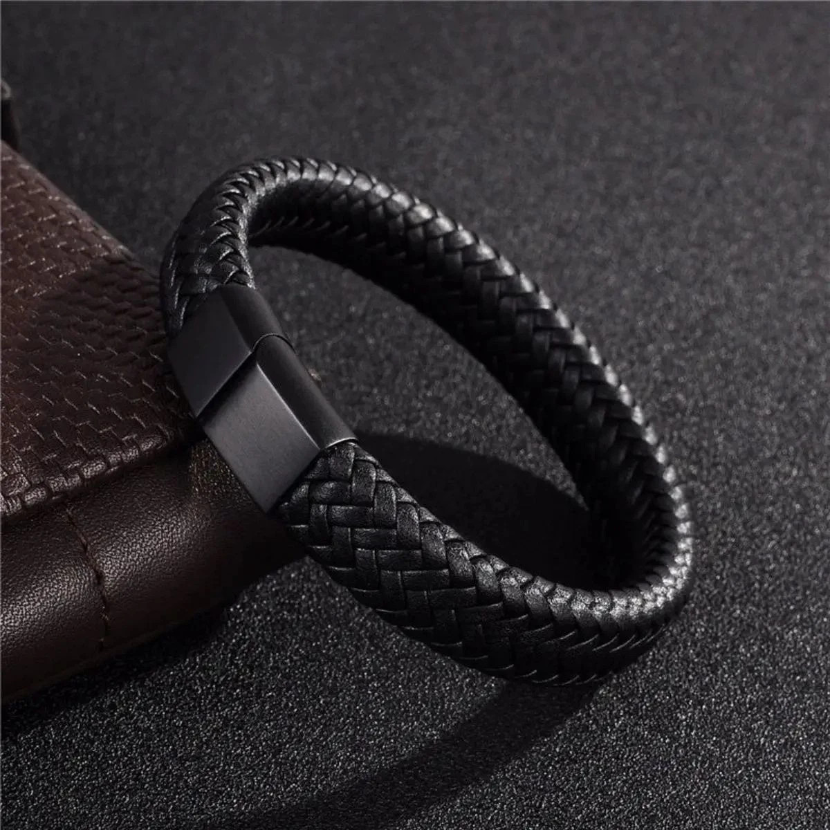 Black Bracelet Men’s Braided Leather Bangle Stainless Steel Cuff Wristband USA