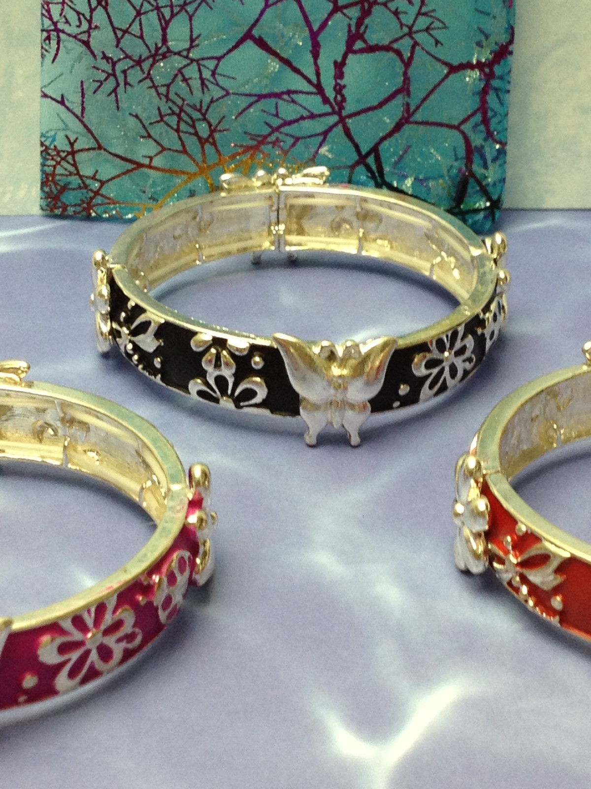 FLOWER LADYBUG BUTTERFLY ENAMEL SILVER METAL WOMEN’S BANGLE STRETCH BRACELET NEW