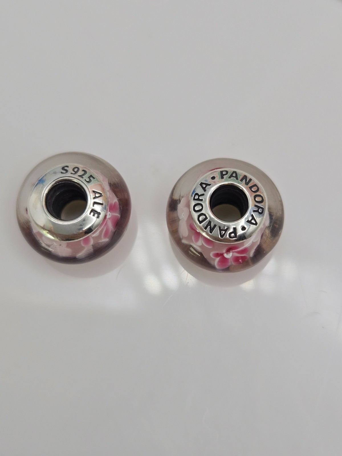Authentic Pandora Pair of pink flower delicate pink floral Charms Murano Glass