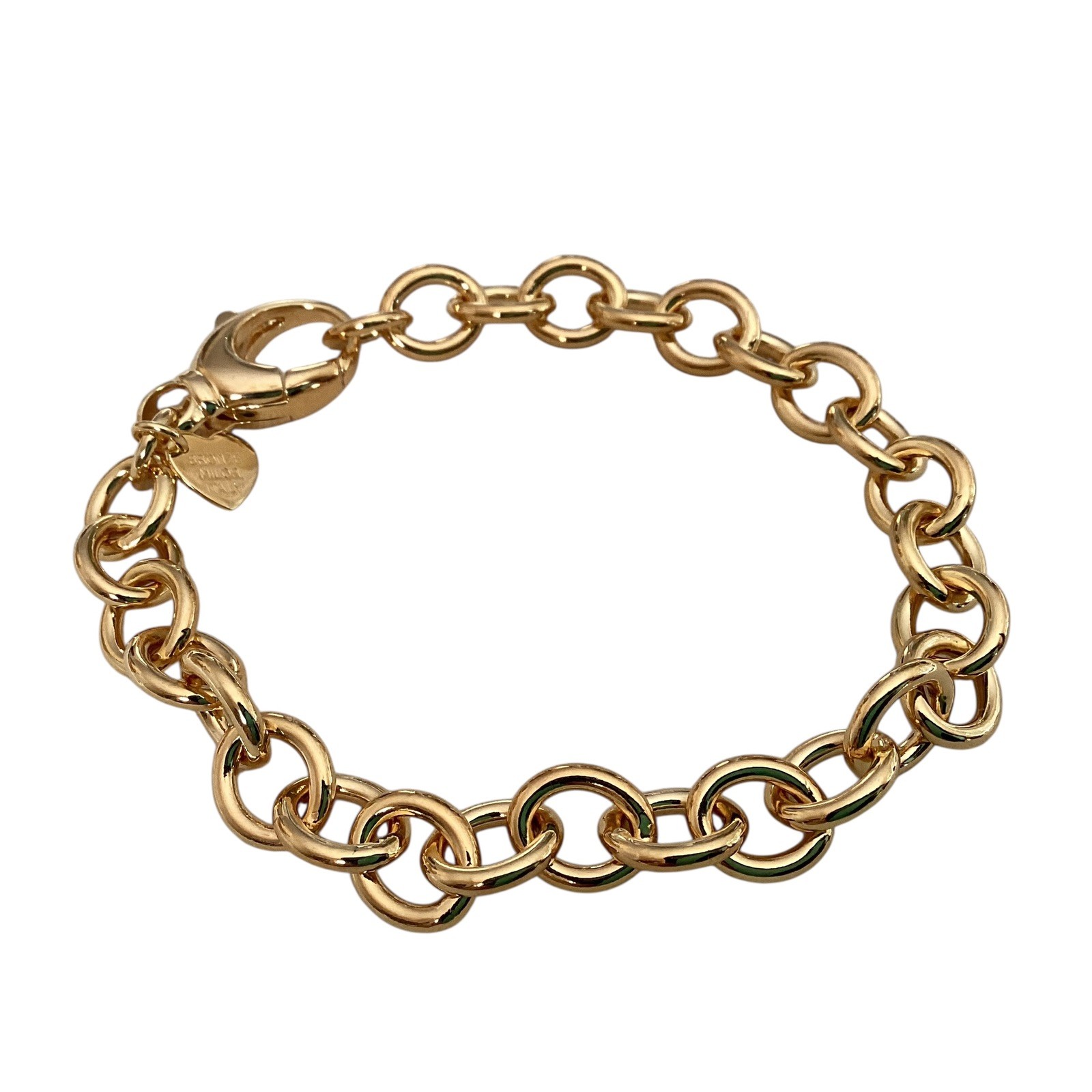 Bronzo Italia Gold Tone Oval Curb Link Bracelet Heart Charm Chunky 7 1/2”+