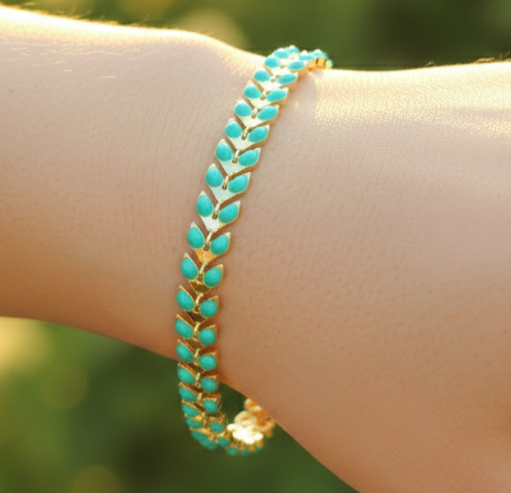 Elegant Gold Tone Bracelet 18K Gold Plated Turquoise Leaf Designer Bracelet