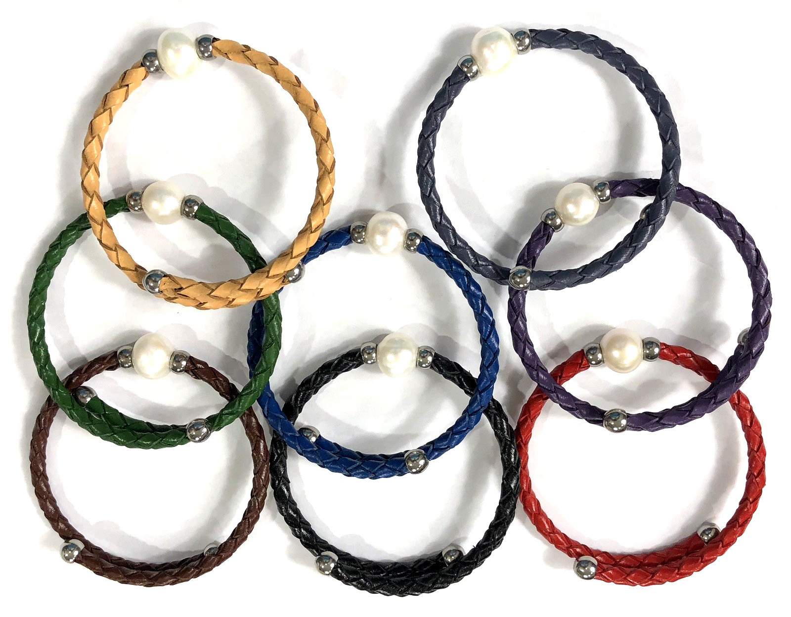Braided Bracelet Faux Leather Wrap Multicolor Pearl Adjustable – Lot of 8