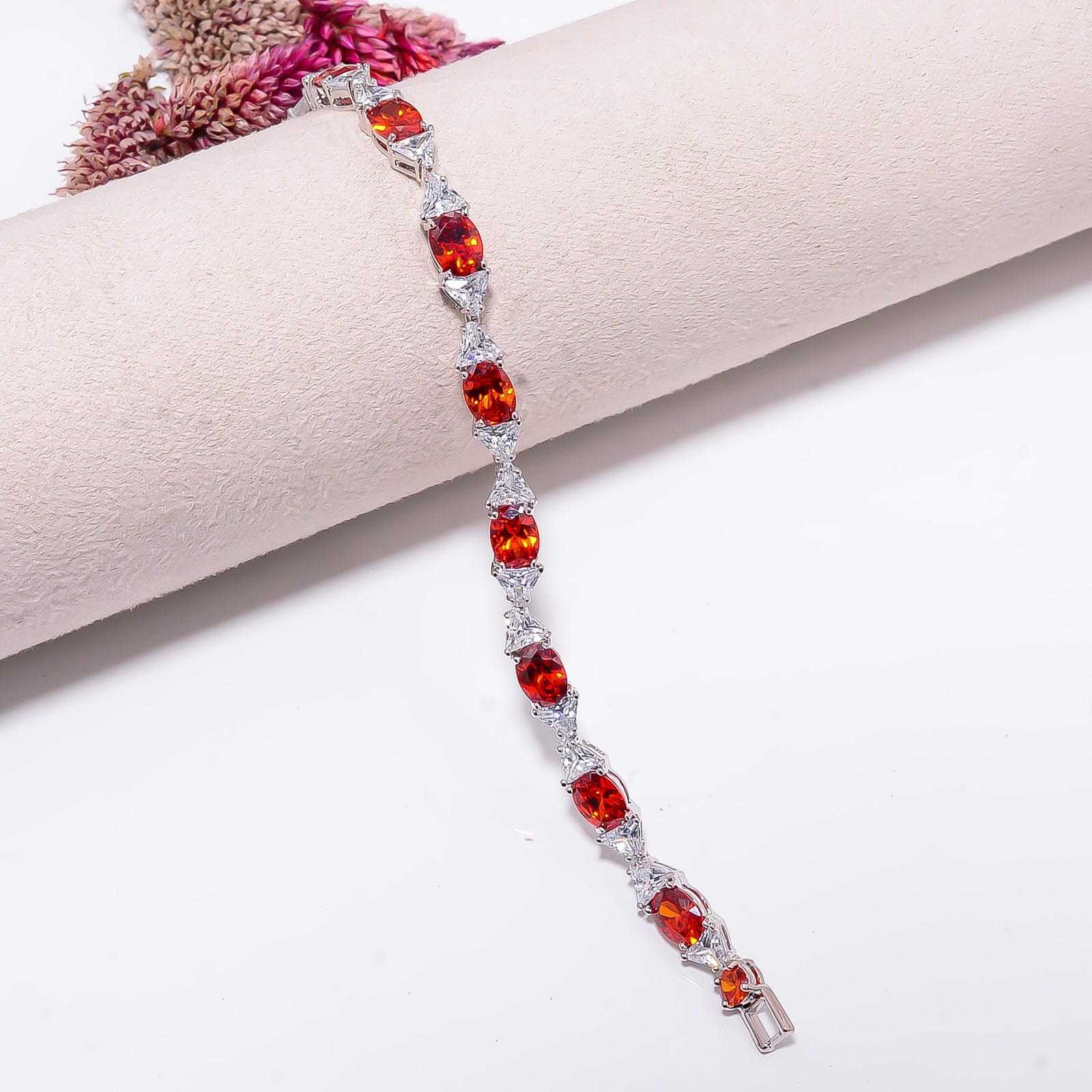 Red Garnet, CZ 925 Sterling Silver Adjustable Bracelet 7-8″ B13386