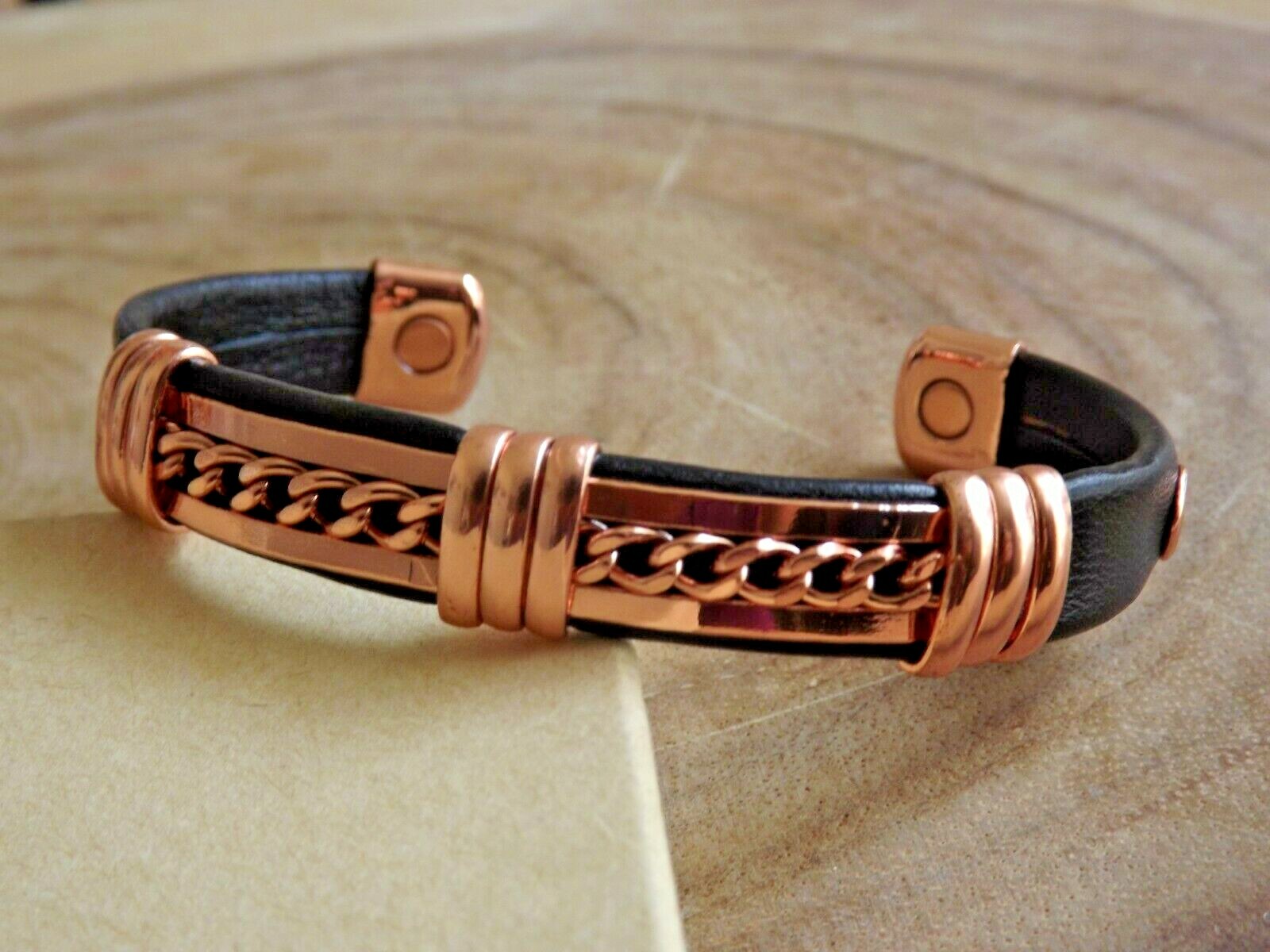 Solid Copper Leather Wrapped Magnetic Bracelet Energy Pain Jewelry Cuban Chain