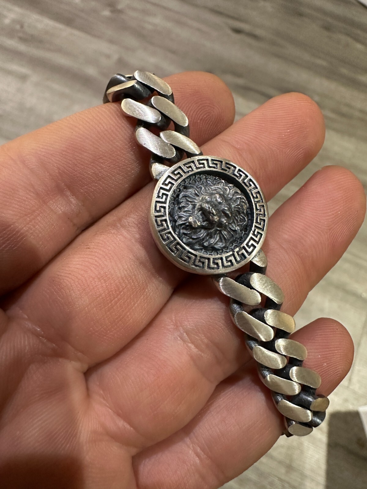 Real Mens Miami Cuban Link Bracelet W. Lion Solid 925 Sterling Silver Box Clasp