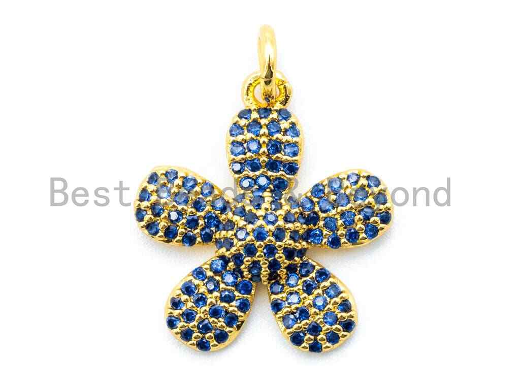 16mm CZ Cobalt Blue Micro Pave Flower Pendant Gold/Silver/Black/Rose Gold