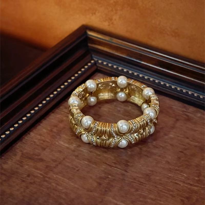 Vintage Pearl Gold Tone Bangle Bracelet Rhinestone Estate Statement