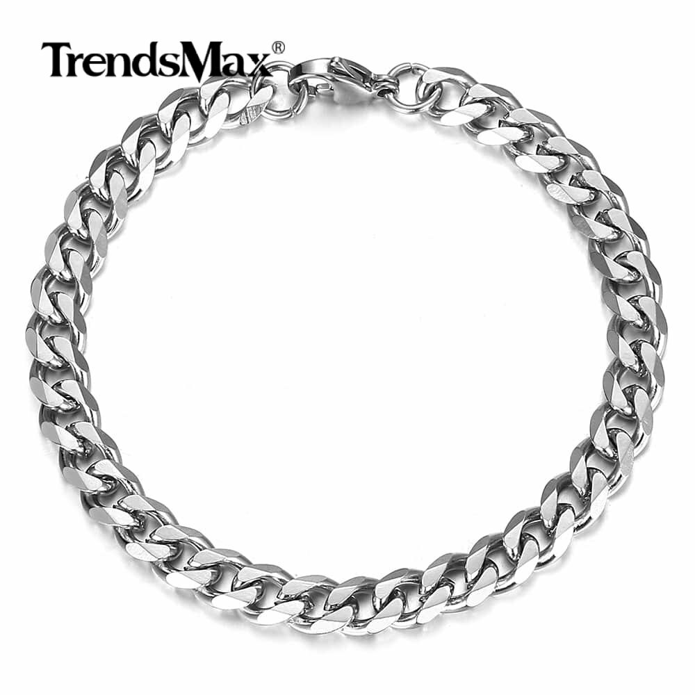 7mm Curb Cuban Link Chain Stainless Steel Bracelet for Men Silver Tone
