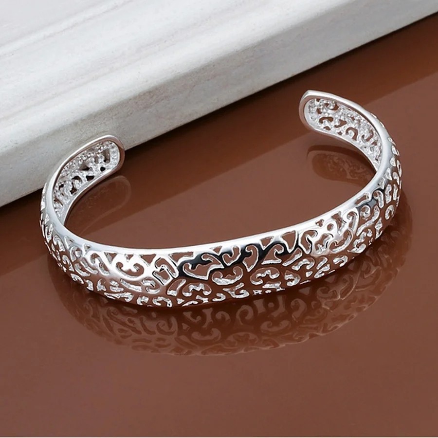 925 Sterling Silver Open Cuff Bangle Bracelet Round Women Fashion Jewelry Gift