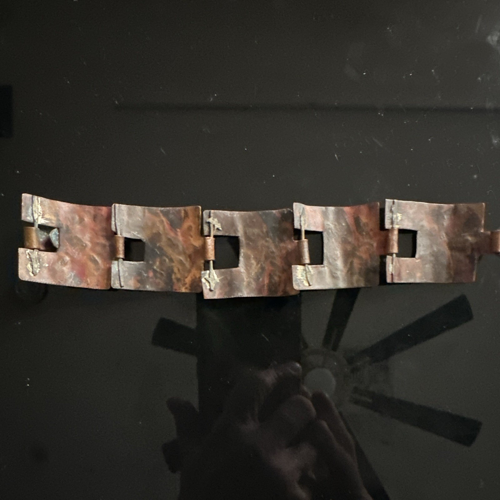 Vintage Native American Thunderbird Copper Panel Link Bracelet Hook Closure