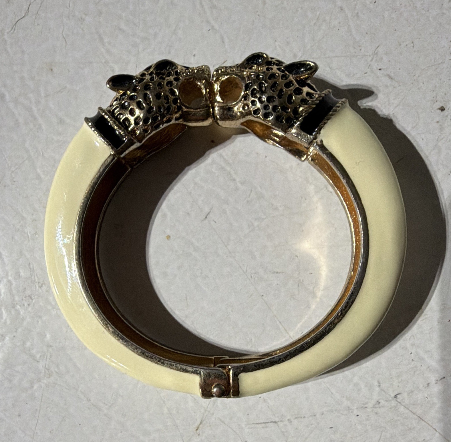 Ivory/Gold Enamel Hinged Bangle Bracelet, Signed
