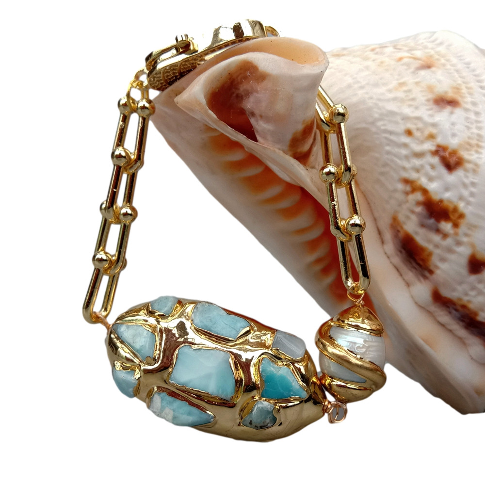 8″ Cultured White Keshi Pearl Blue Larimar Gold Plated Chain Bracelet
