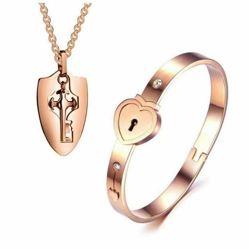 Couple Stainless Steel Love Heart Lock Bracelet with Key Pendant Necklace Set