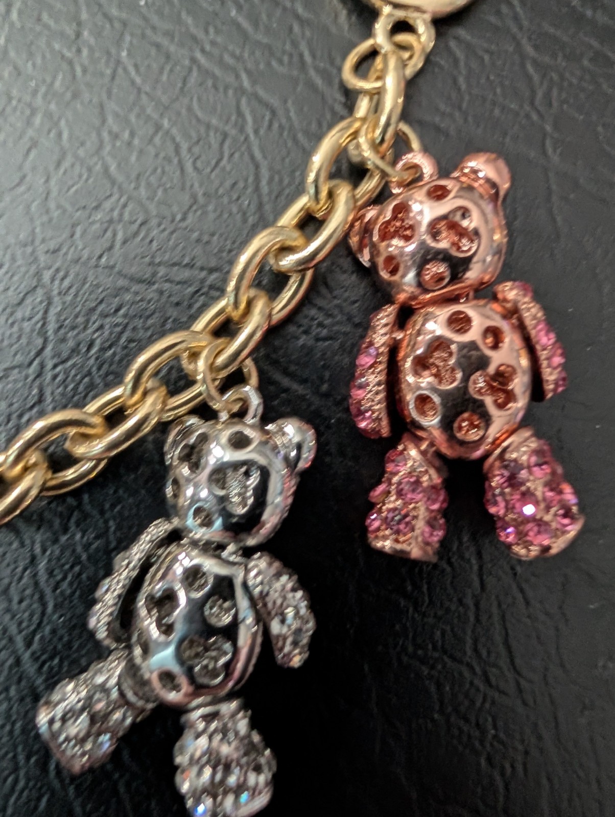 RARE Off Park R Collection Jointed Teddy Bear Charms Bracelet Gold & Silver Pave