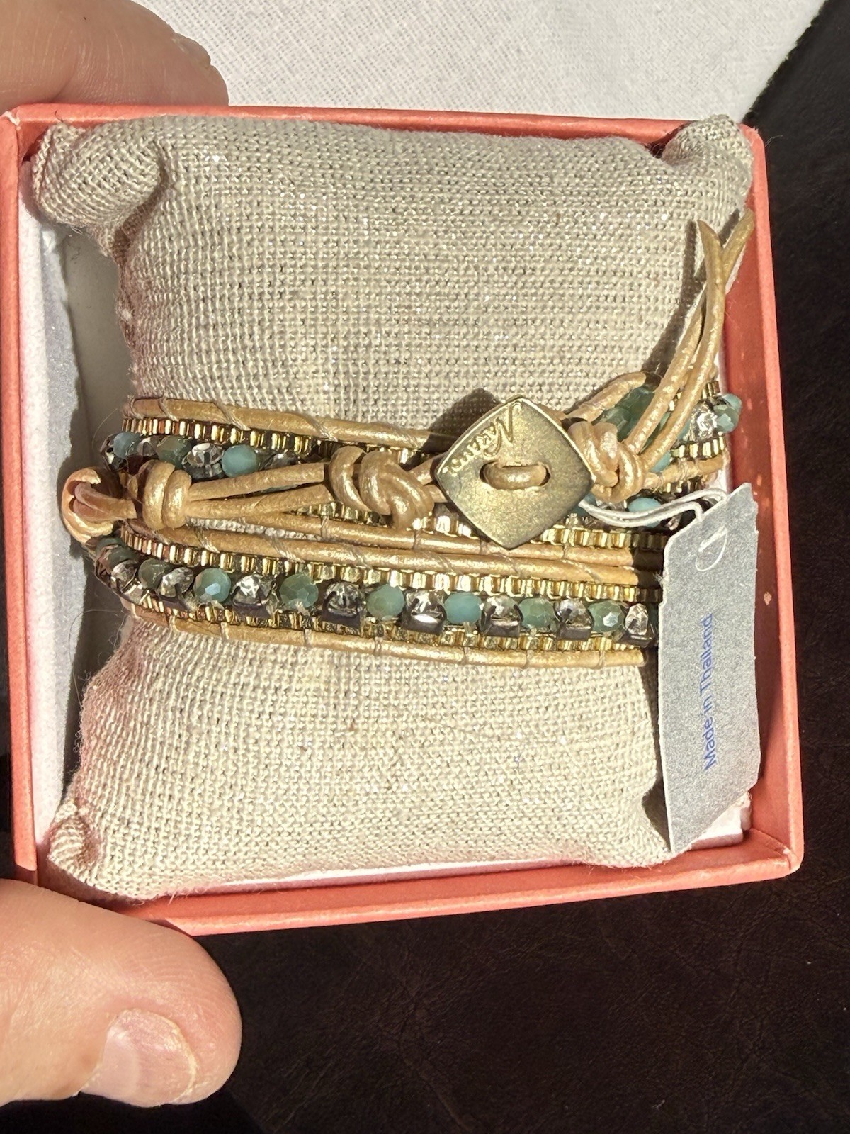 Nakamol Wrap Beaded Bracelet Gold Blue Beige Cord Tie Closure Adjustable