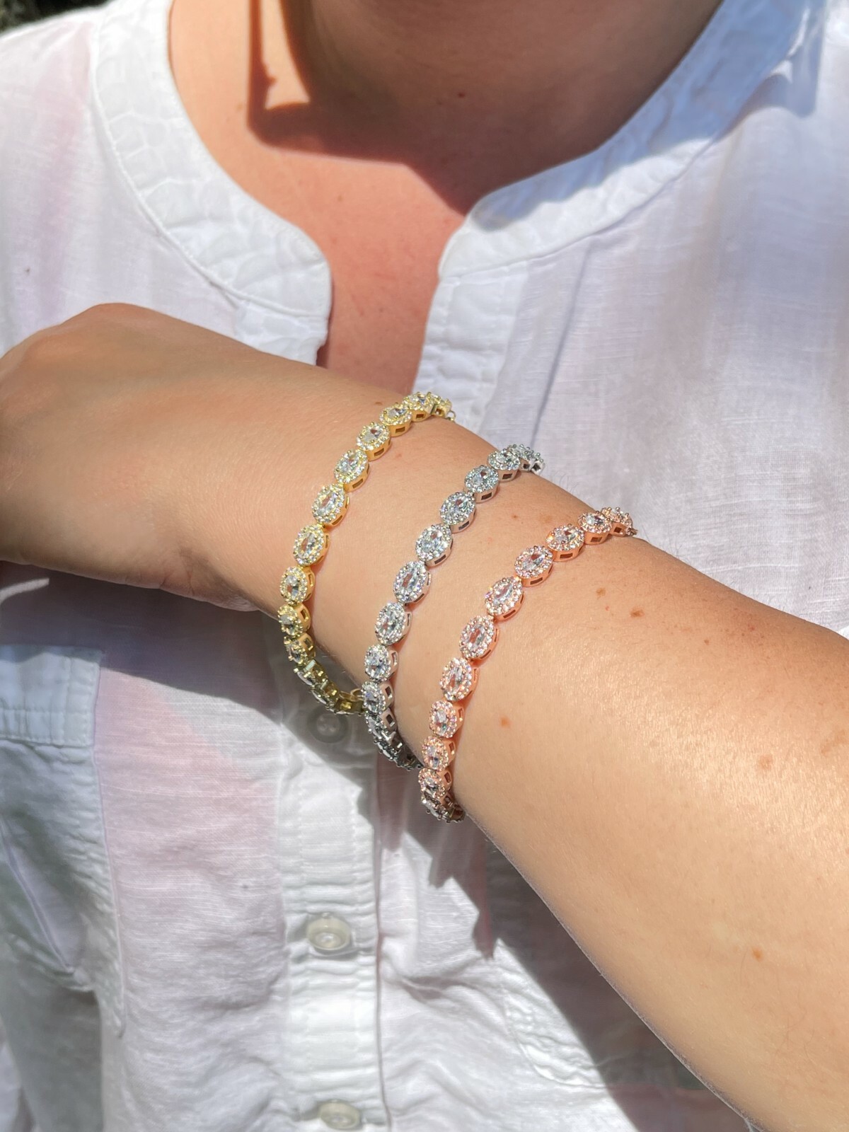 Real 925 Silver Yellow Rose Gold Plated Oval Tennis CZ Flower Ladies Bracelet