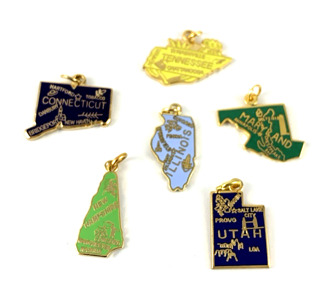 State Charms Enamel | Travel | Lot of 6 | Gold Tone | New Old Stock