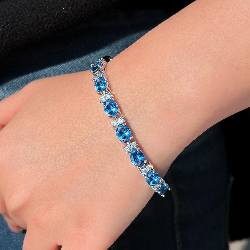 Charming Blue Oval Cubic Zirconia Silver Plated Wedding Bracelet for Women Party