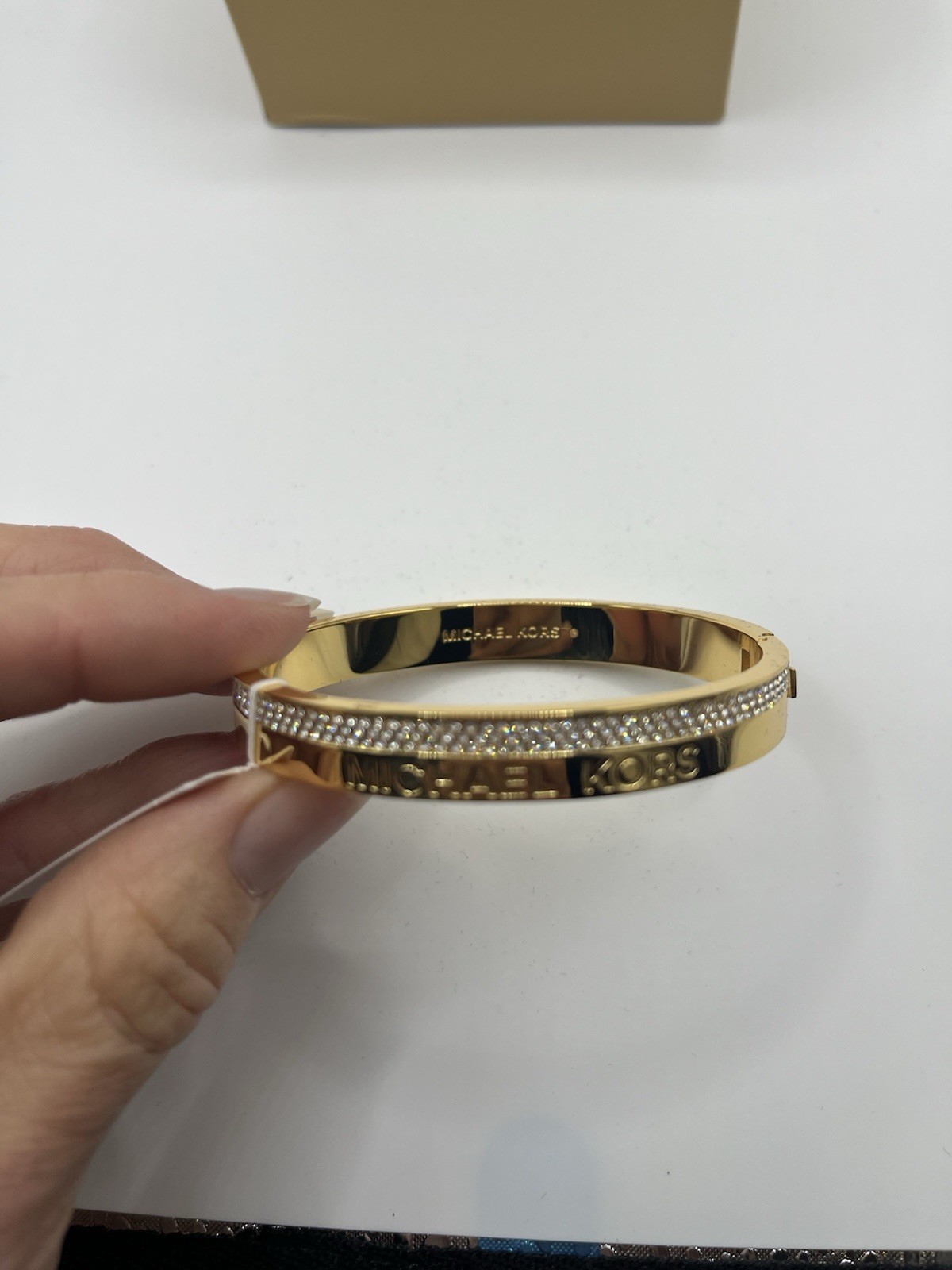 Michael Kors Gold Tone Crystal Pavé Logo Hinged Bangle Bracelet NWT Gift Box