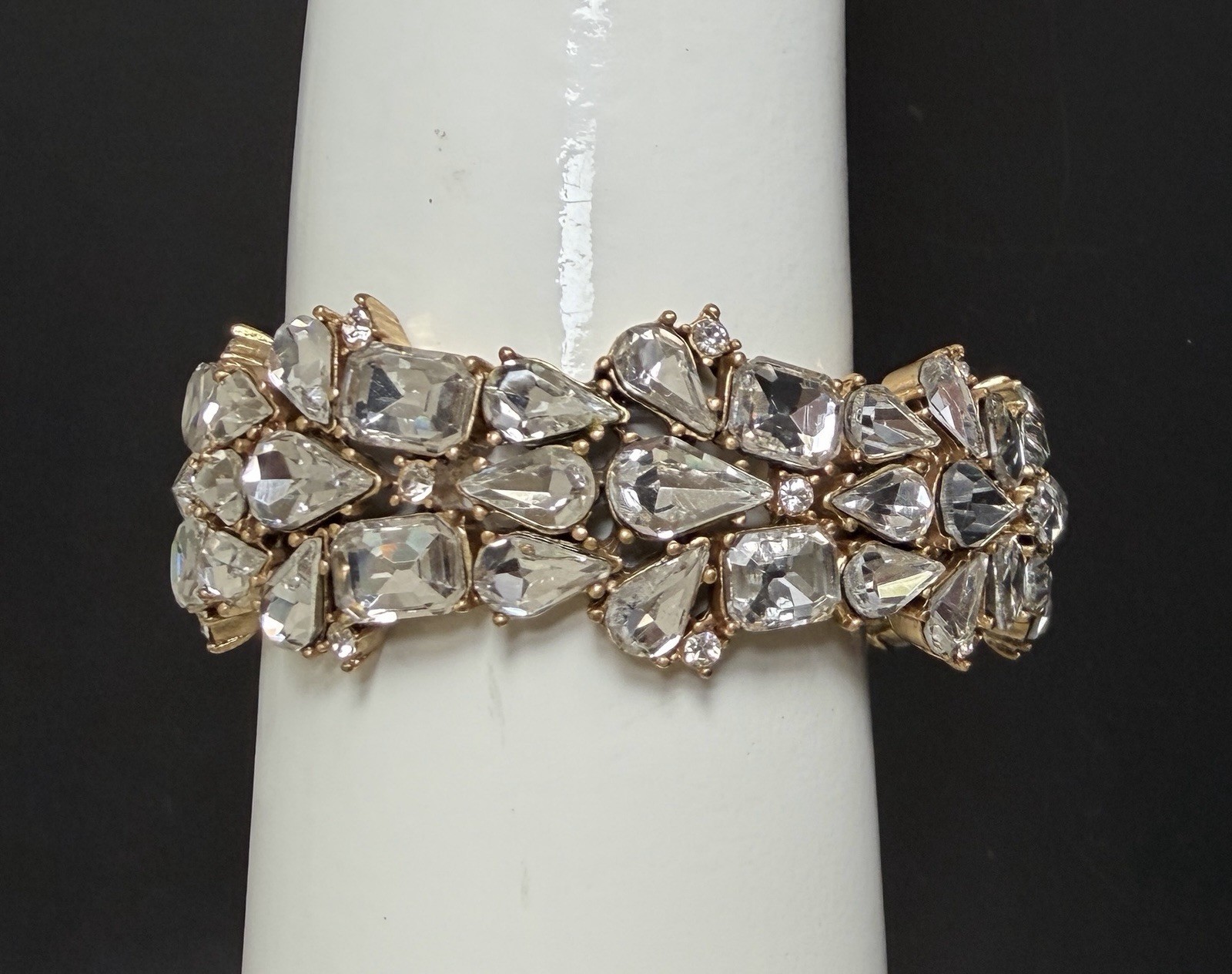 J. Crew Statement Bracelet Gold Tone Clear Crystal Cluster Stretch Wedding