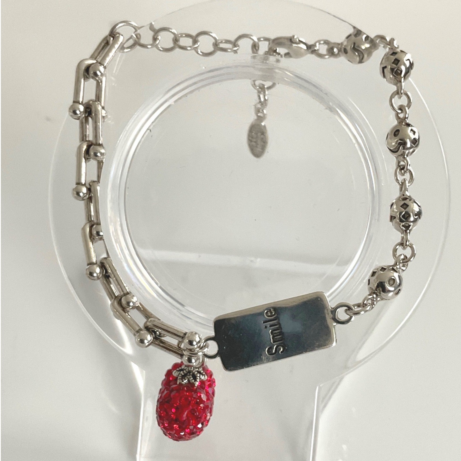 Bracelet Silver Tone Red Heart Rhinestone Smile Lobster Clasp Charm New