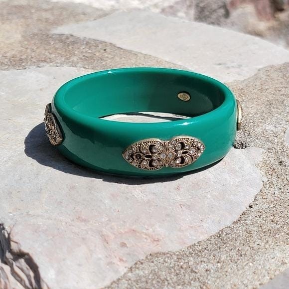 Premier Designs Green Resin Bangle with Gold Filigree Accents