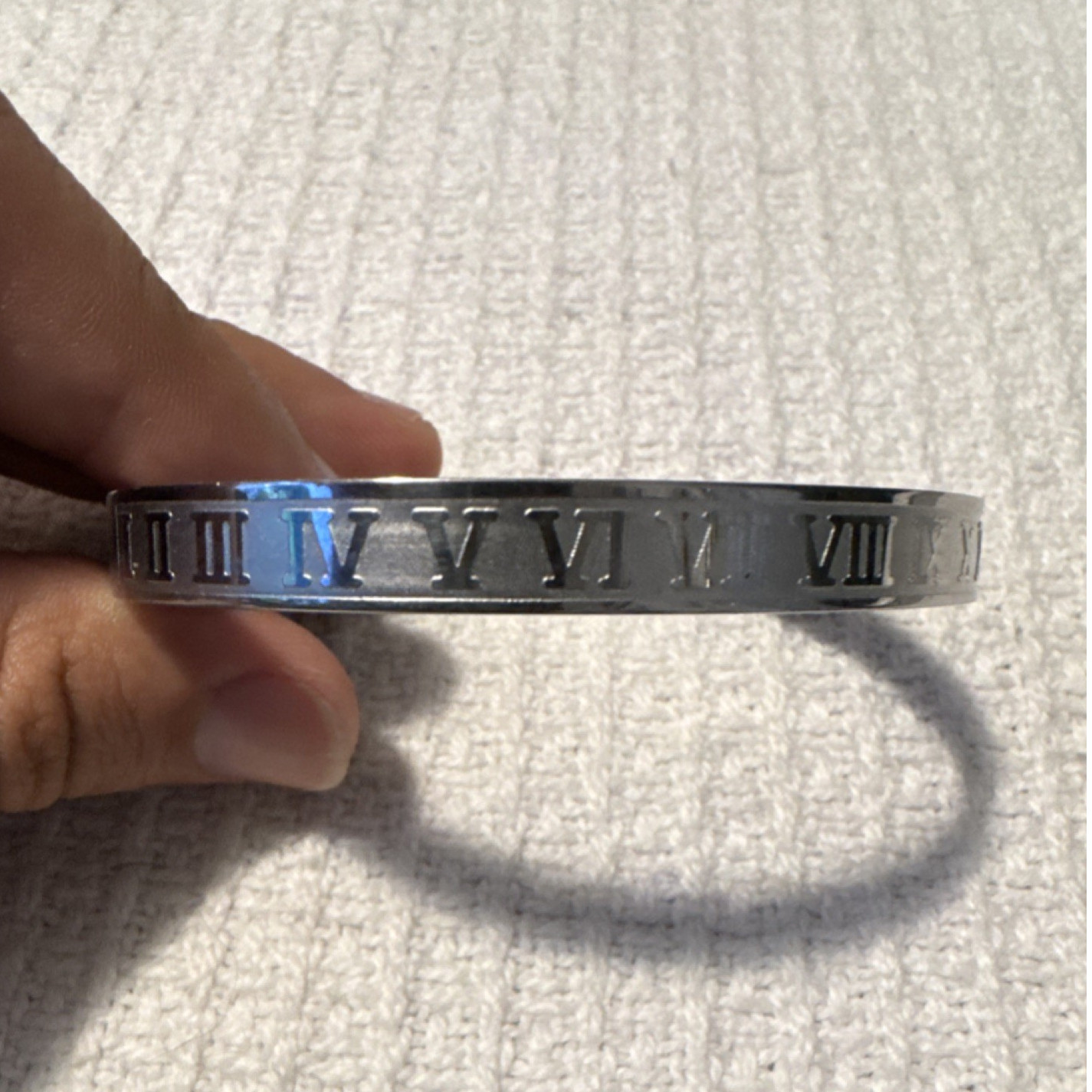 Silver-Tone Stainless Steel Engraved Roman Numeral Hinged Cuff Bangle