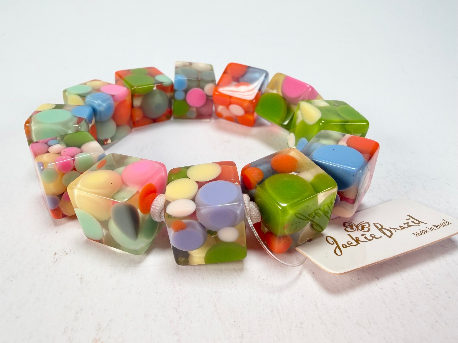 Jackie Brazil “Spots” Spotted Cubes On Elastic Resin Bracelet ( B1284 )