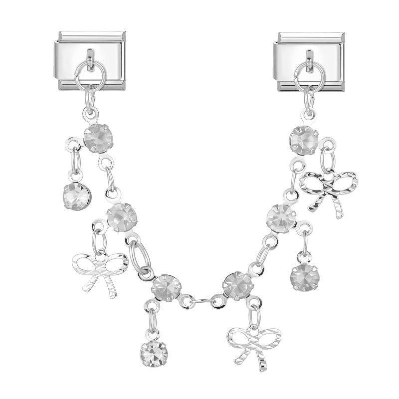 9mm Italian Charm Bracelet Accent Chain – Crystal & Bow Knot, Silver
