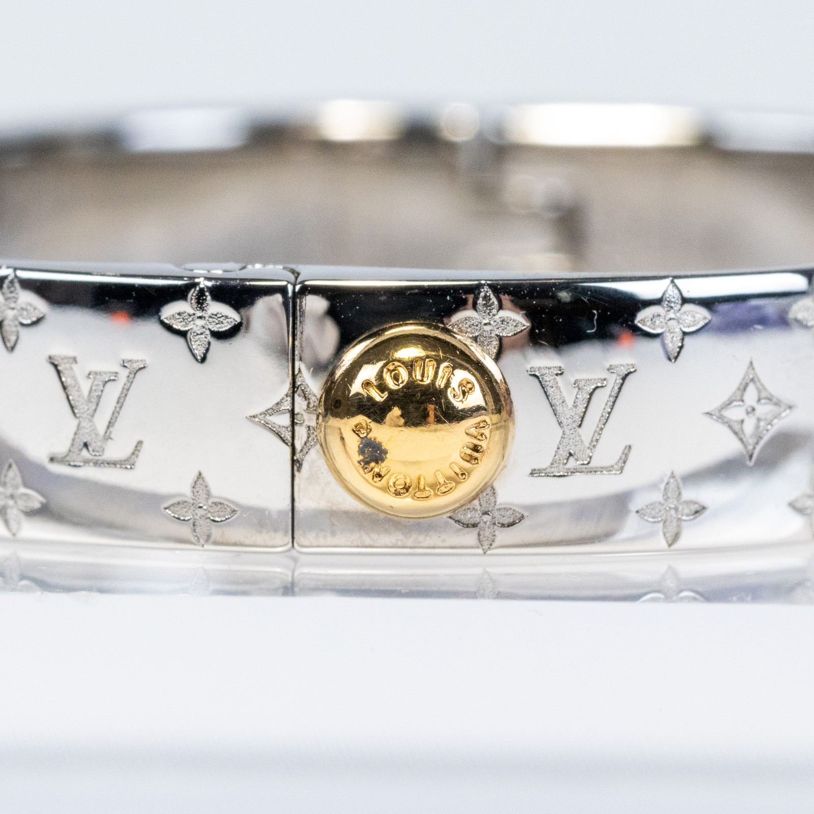 Louis Vuitton LV Nanogram Cuff Bracelet M00250 Bangle Silver Tone Size M
