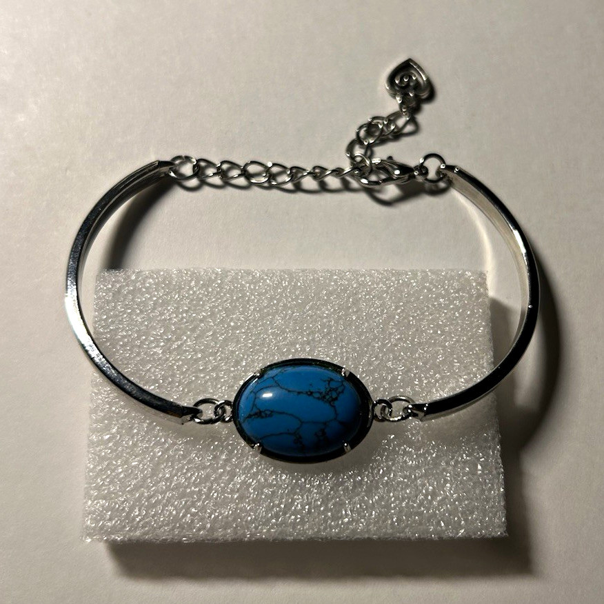 Silver Tone Metal Adjustable Bangle/Chain Bracelet, Blue Oval Bezel, Lobster