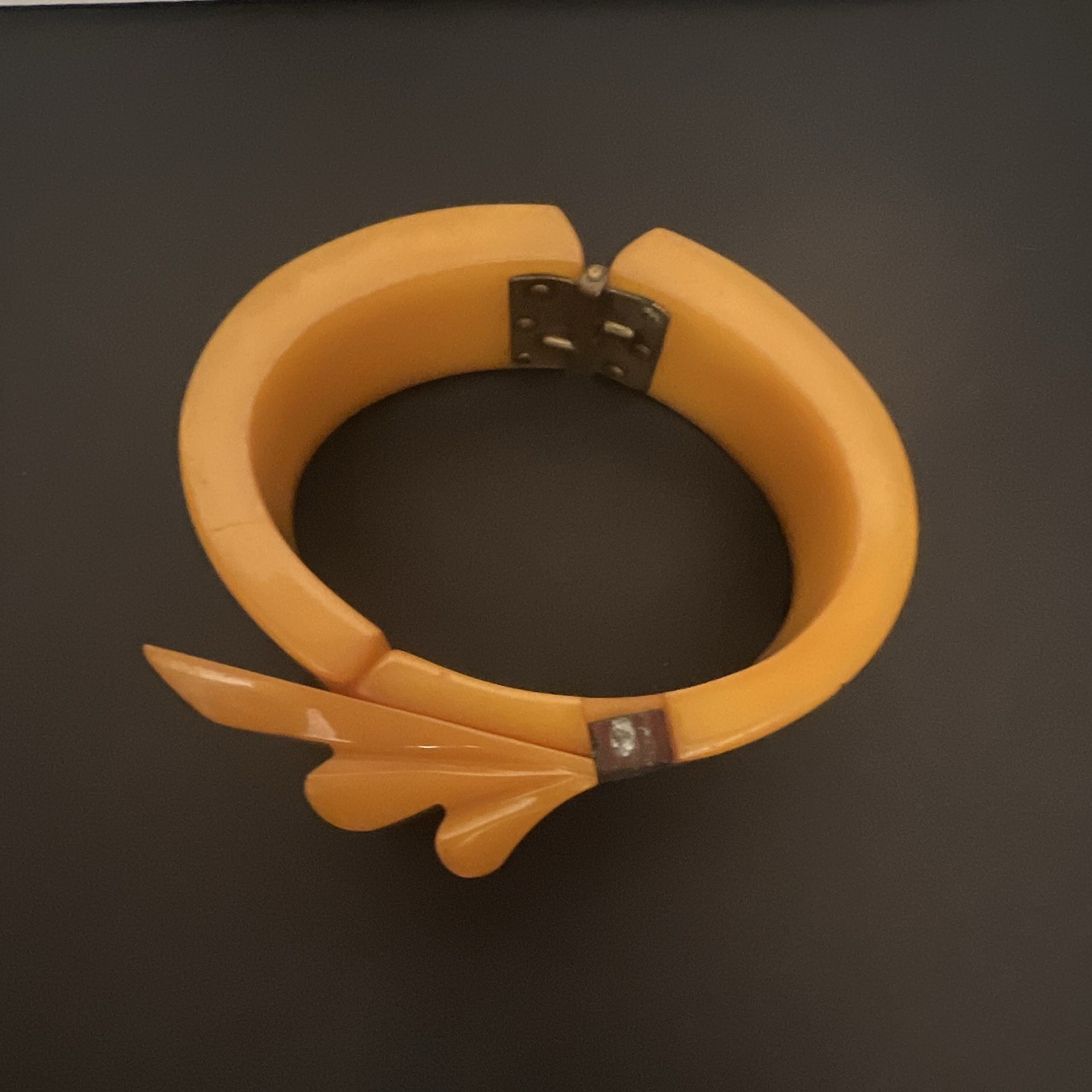 Yellow Plastic Hinged Bangle Cuff Bracelet with Bow Detail, No Stone