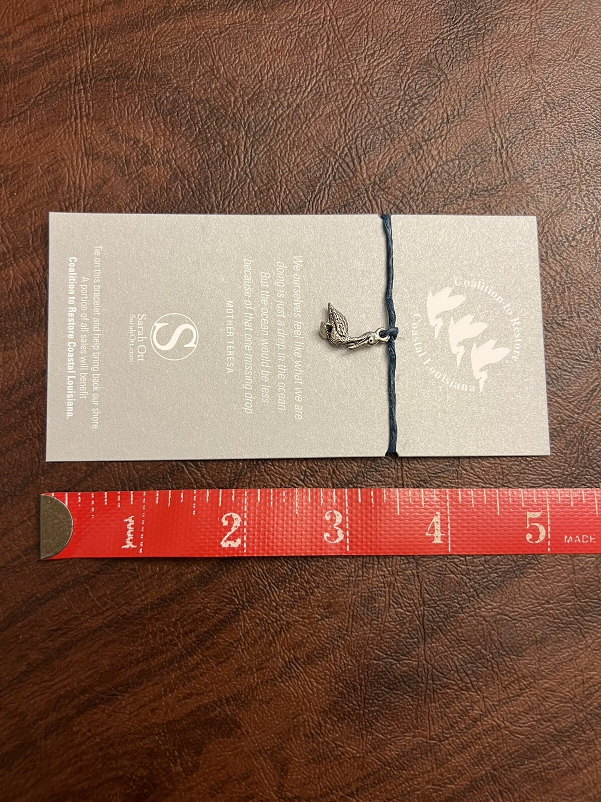 Sarah Ott Costal Louisiana Pelican Silver Pewter Charm Blue Tie String Bracelet