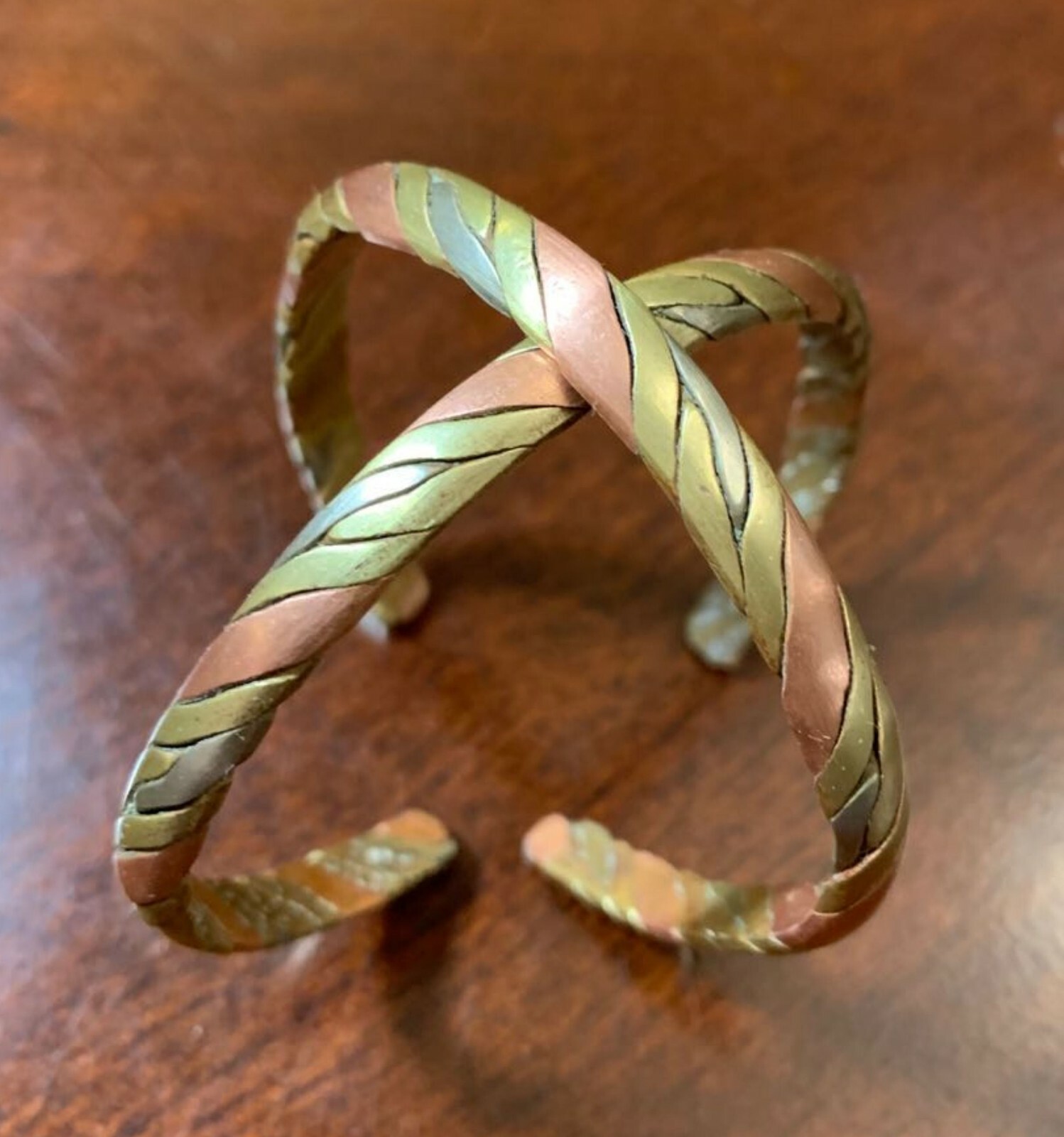 Nepalis BRACELET Tri-Metal Twist Braided Cuff Bangle – Handmade from Nepal