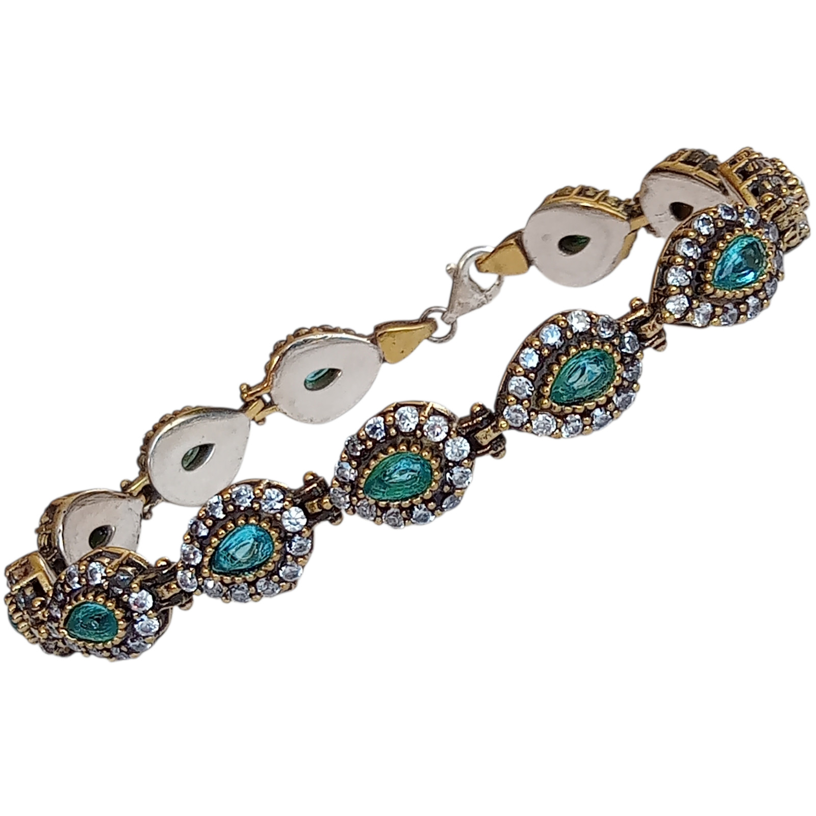 925 Sterling Silver Turkish Handmade Aquamarine Teardrop Hurrem Sultan Bracelet