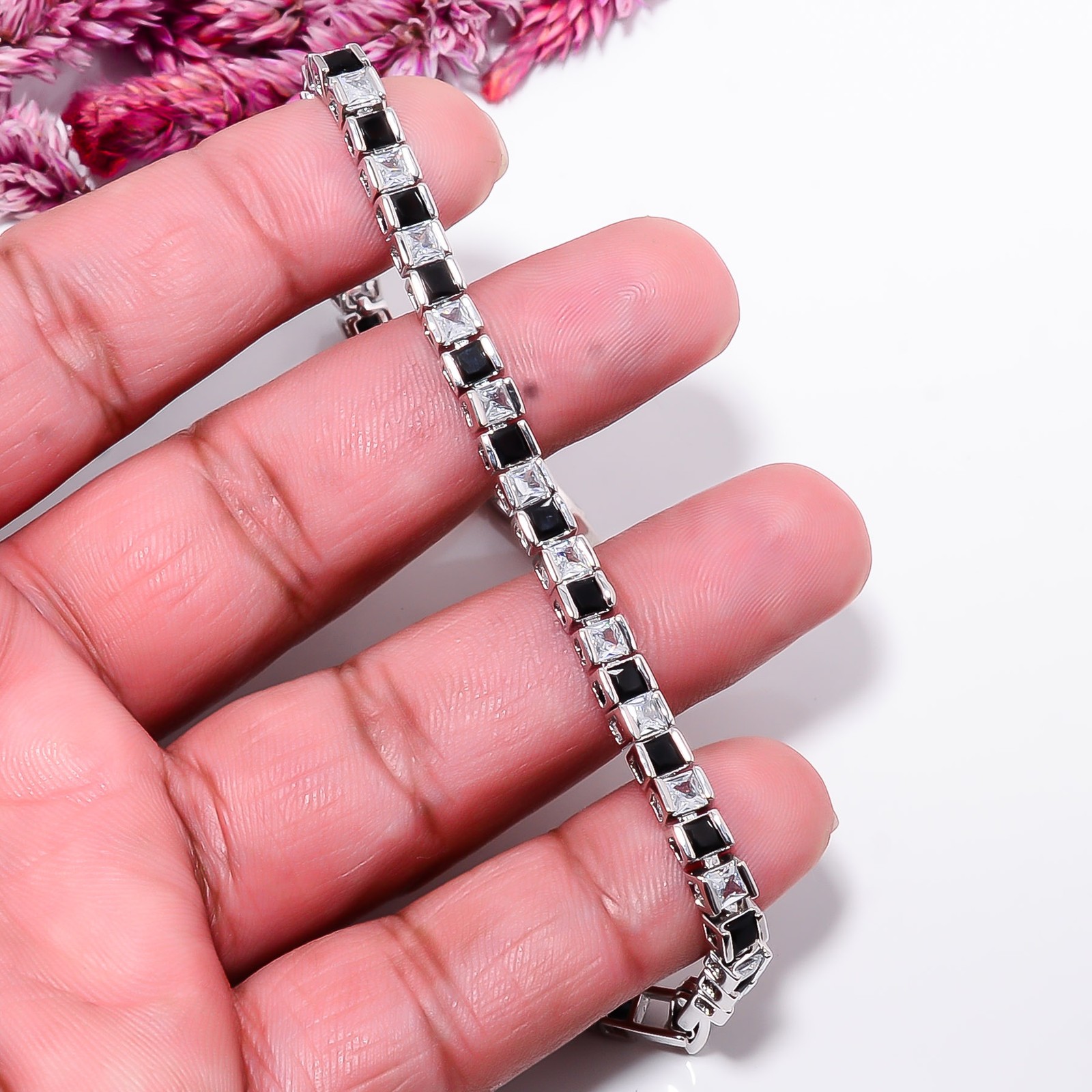 Black Onyx, CZ 925 Sterling Silver Adjustable Bracelet 7-8″ B130013