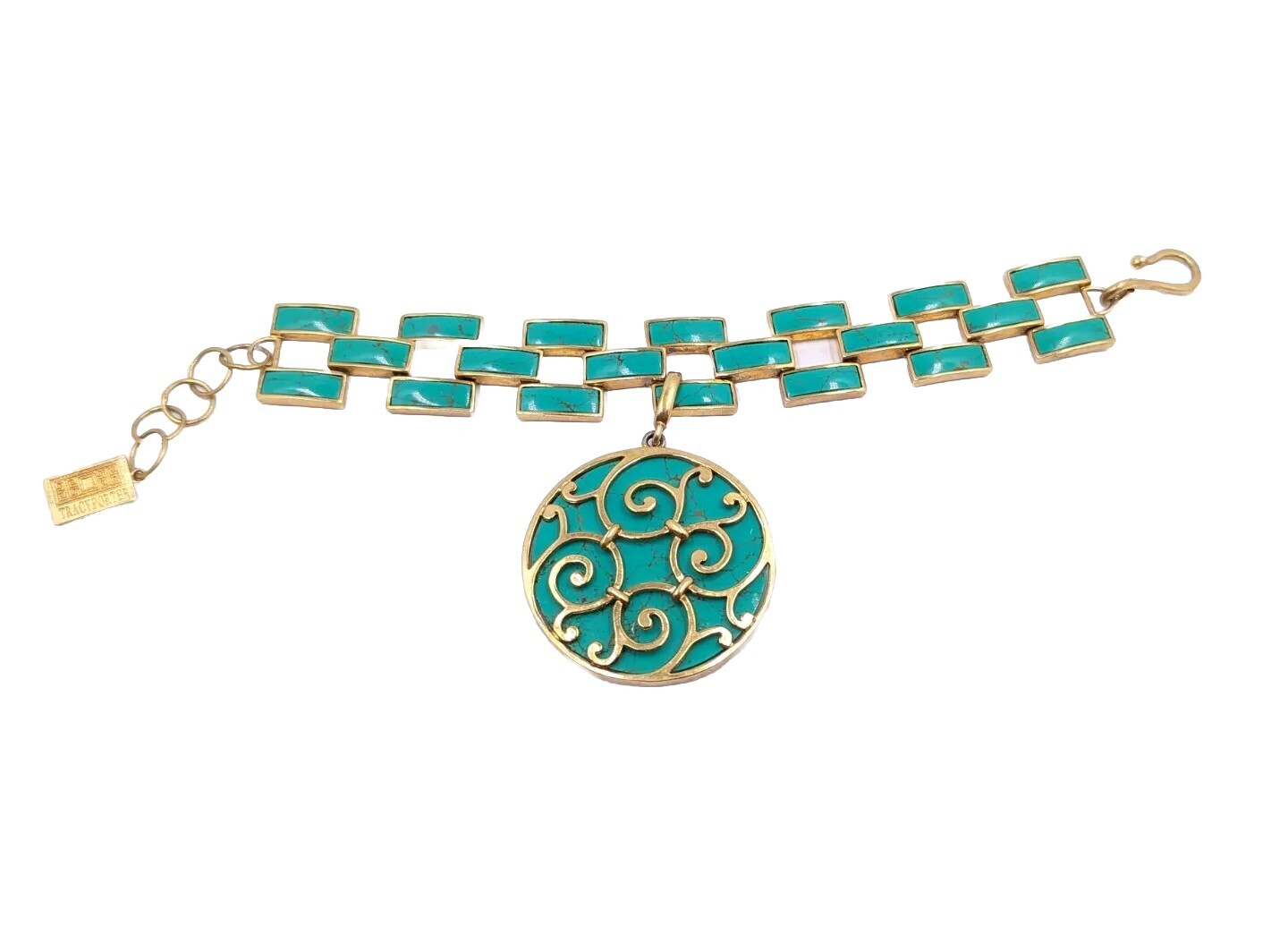 TRACY PORTER Turquoise Pendant MEDALLION Linked Bracelet Hook Closure E016