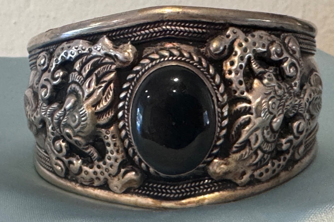 Cuff Bracelet Tibetan Nepal Silver Plated Embossed Dragons Onyx Oval Stone