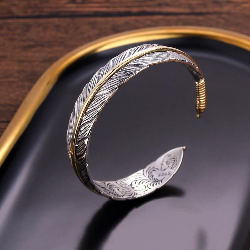 Women Men Retro Vintage 925 Sterling Gold Silver Feather Cuff Bangle Bracelet US