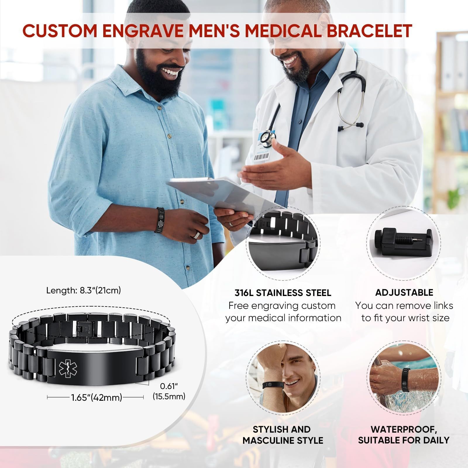 Free Engraving Medical ID Bracelet Stainless Steel Emergency Wristband