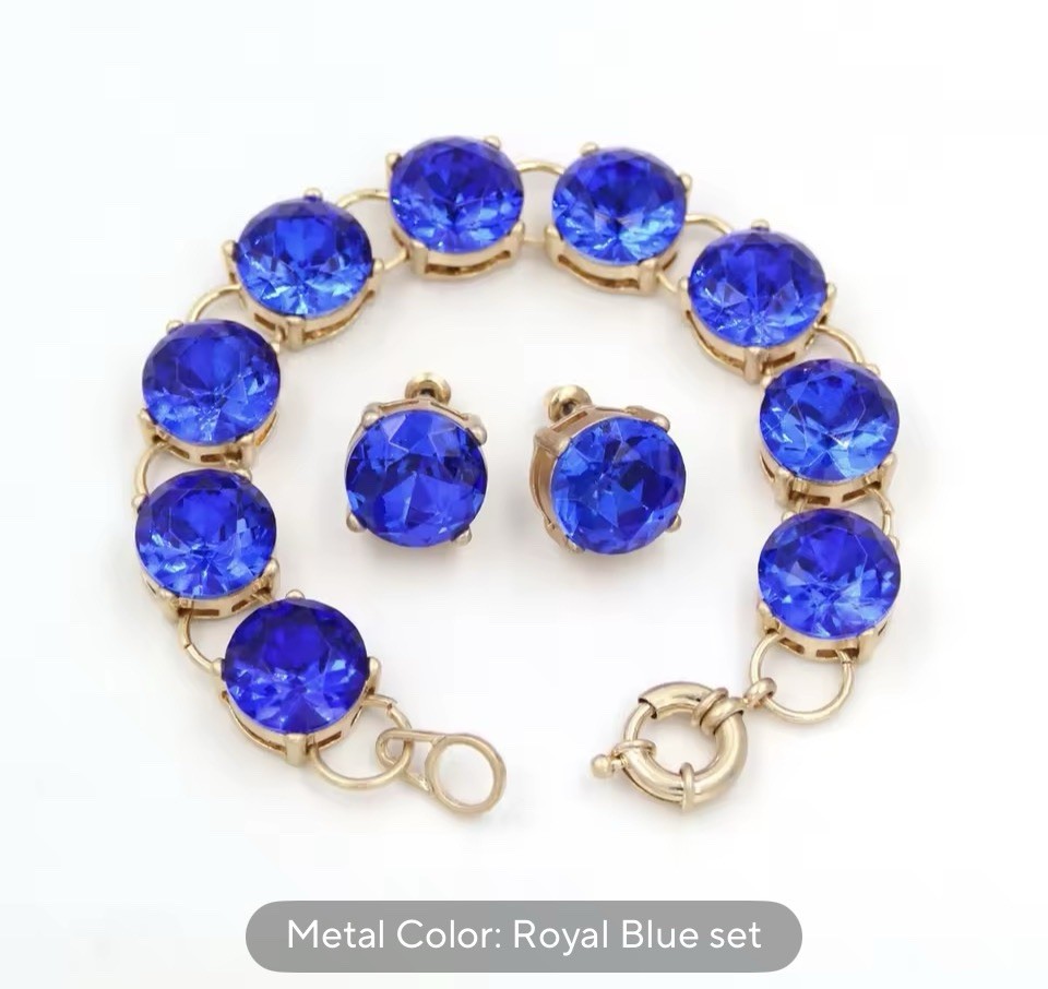 Bracelet Earrings 15mm Royal Blue Crystal SET 2 Pieces Gold Bling Statement NEW
