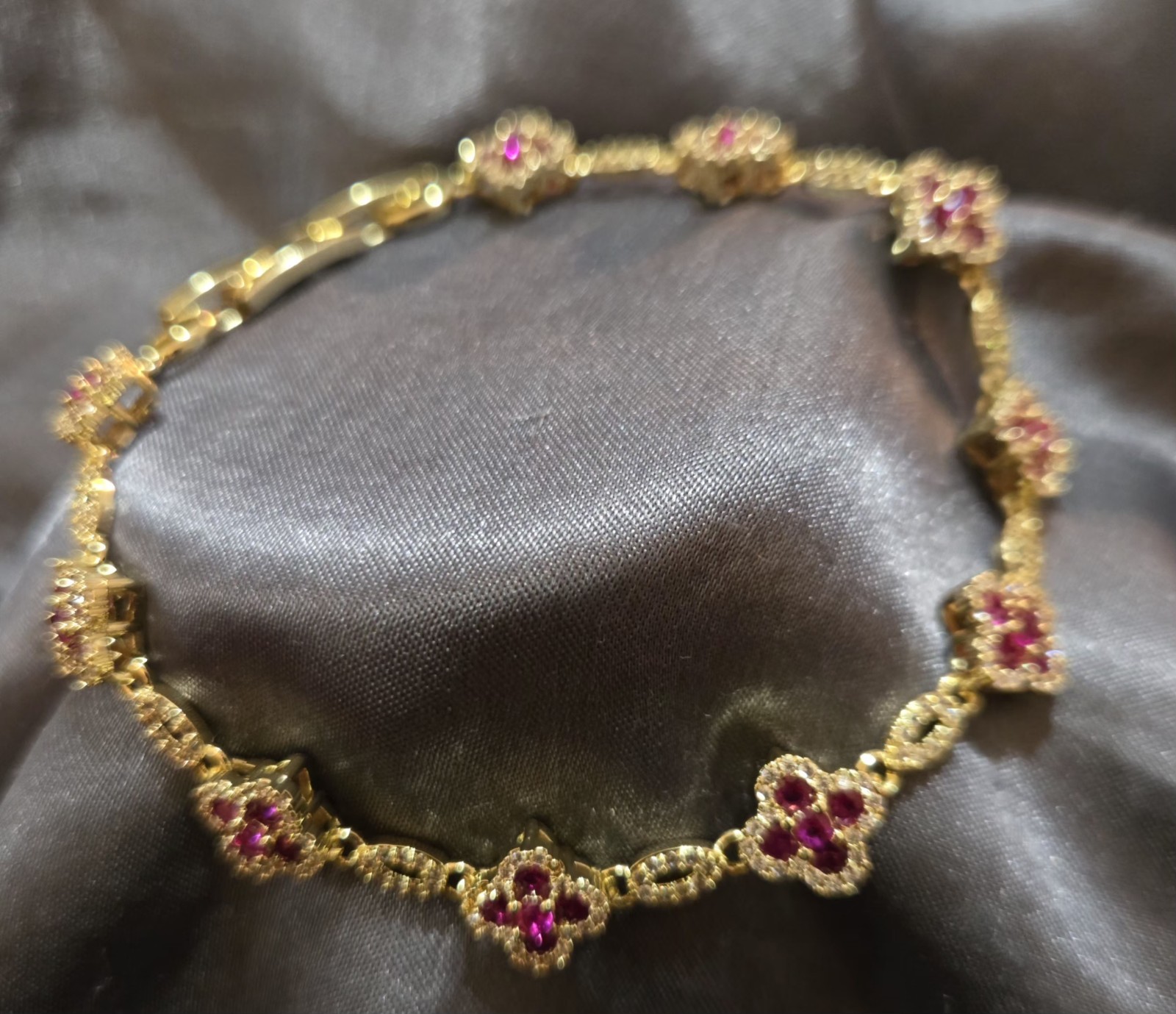 New 18k Gold Plated Pink Crystal Flower Bar Link Tennis Bracelet w/ Box Clasp