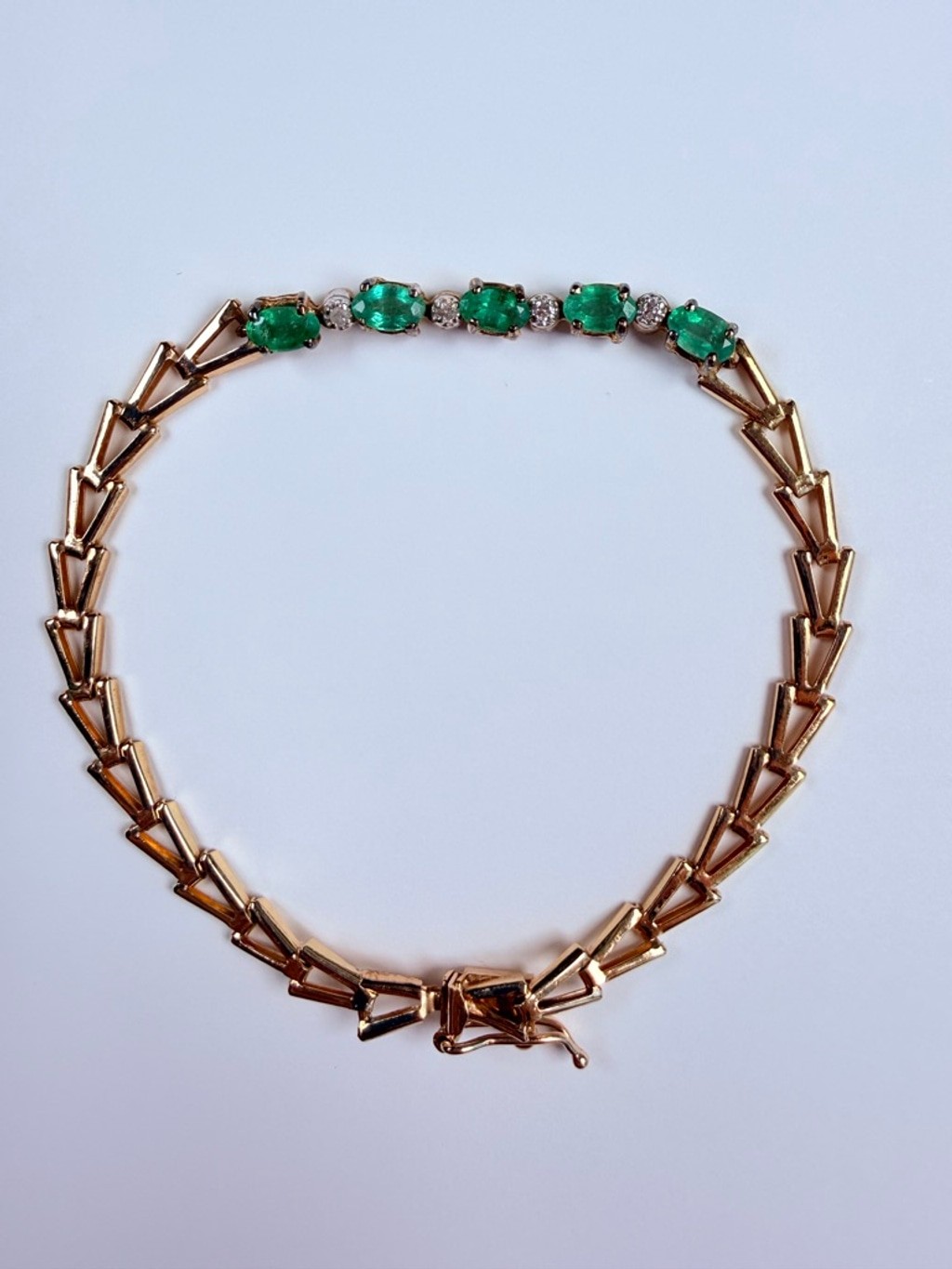 14K Solid Yellow Gold Emerald & Diamond VTG Chevron Arrow Link Tennis Bracelet