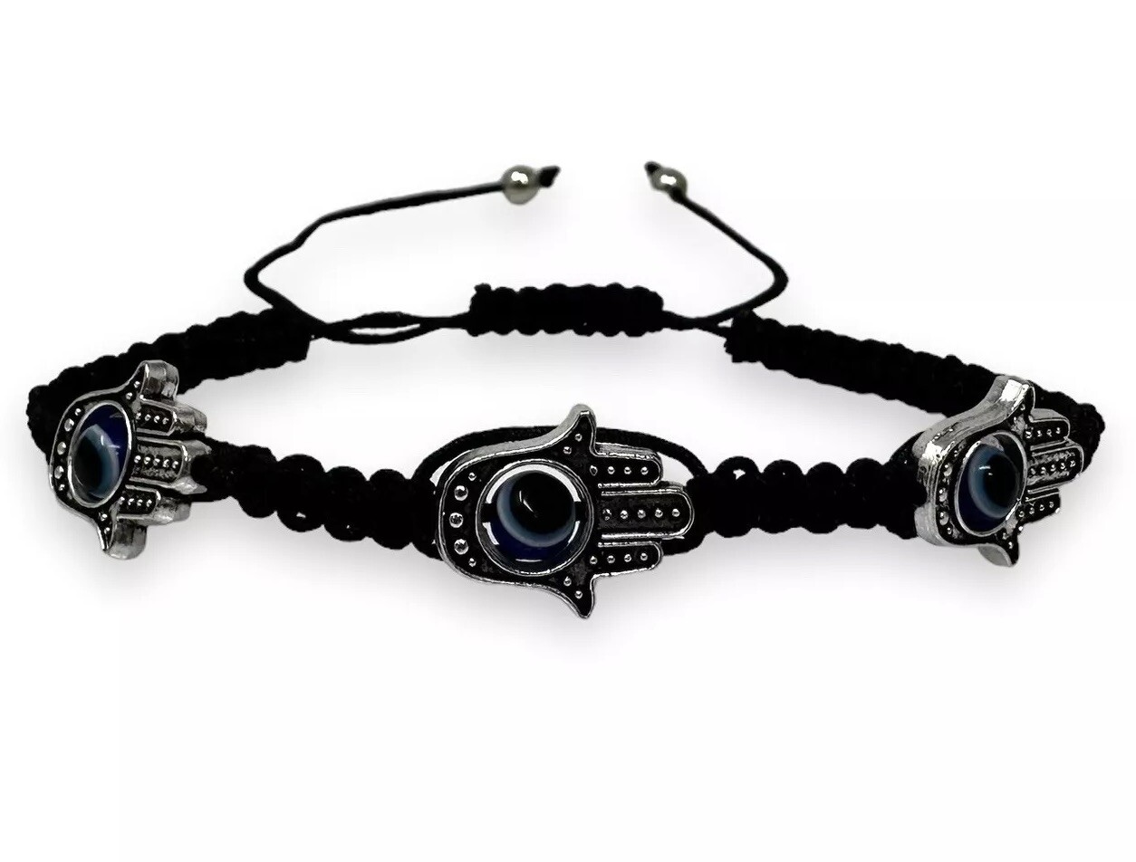 Adjustable Unisex Hamsa Hand Bracelet with Protection Eye Black Macrame Cord