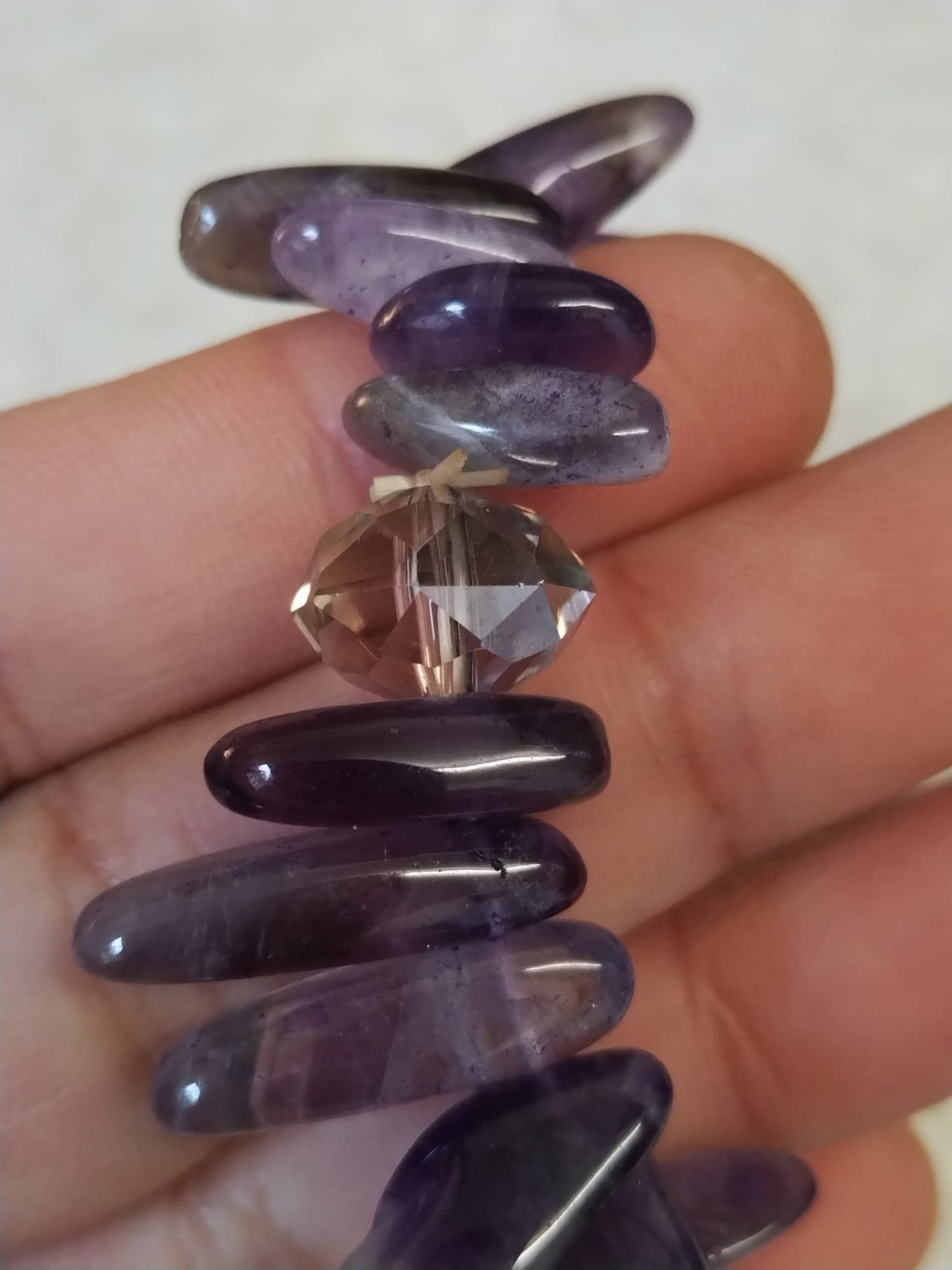 Purple Polished Gemstone, Clear Facted Glass Beaded Elasticated Bracelet