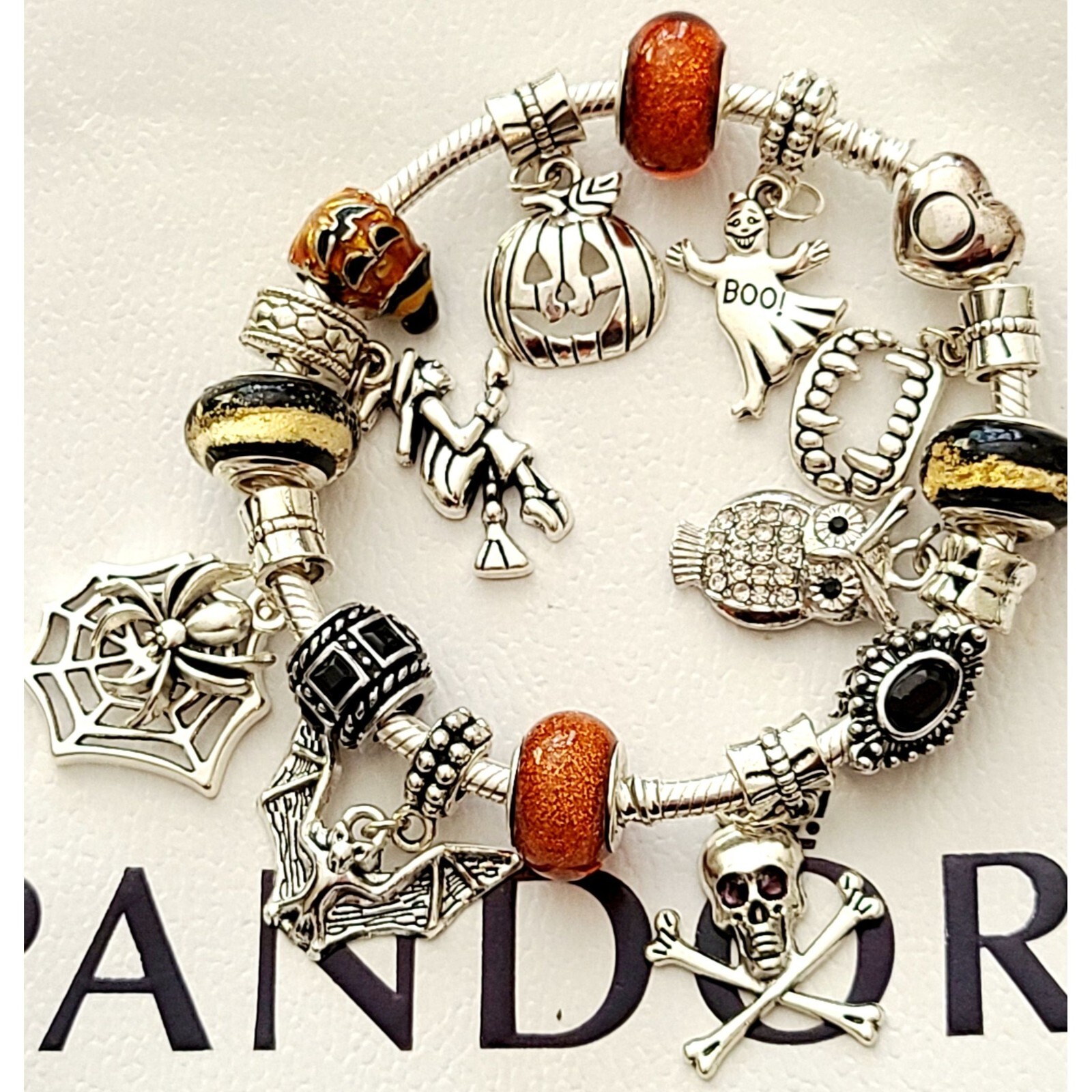 PANDORA GOTHIC HALLOWEEN Charm Bracelet .925 Sterling Silver Bat Skull Witch Te