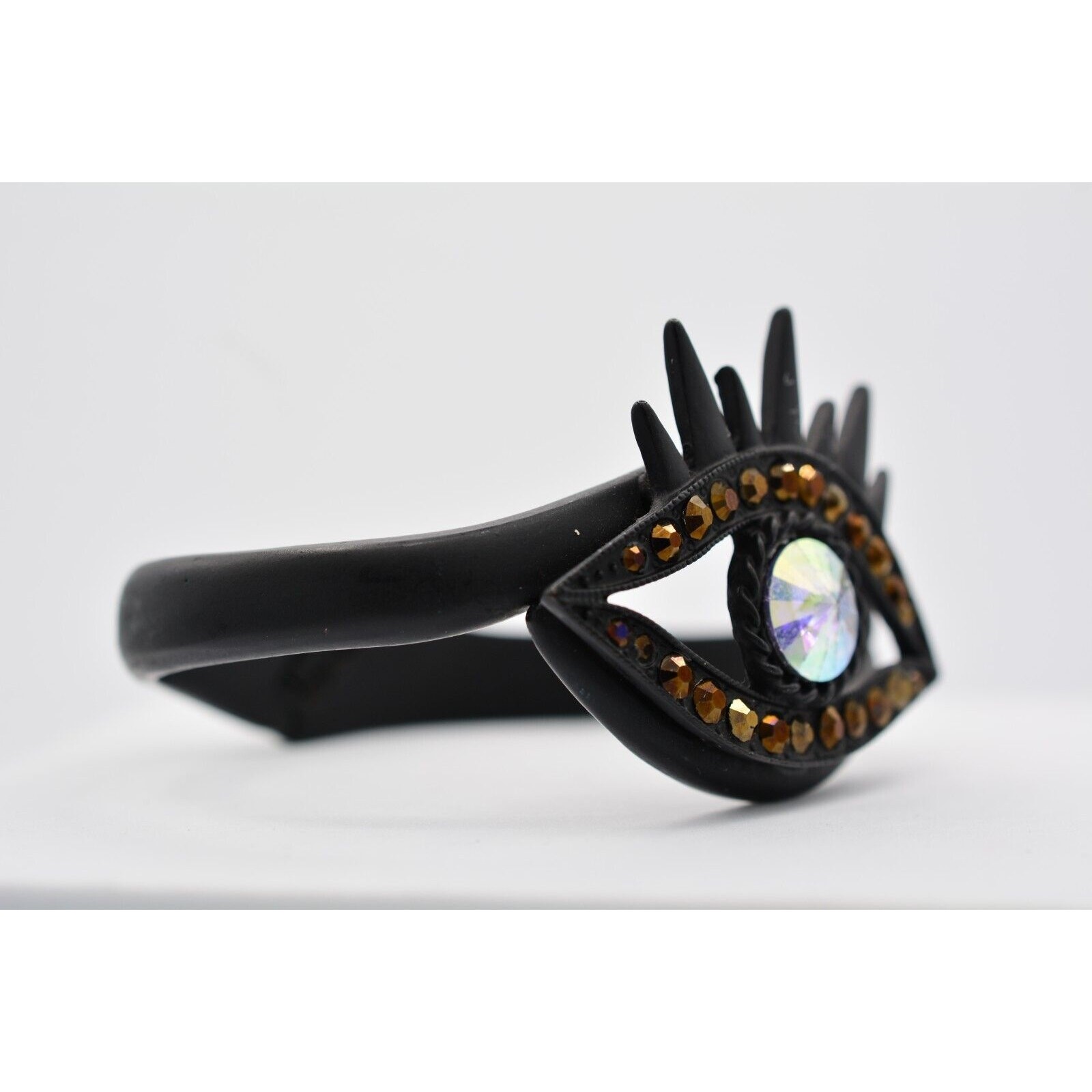 Crystal Eye Bangle Bracelet Black Matte Metal Aurora Borealis Rhinestone Bin7